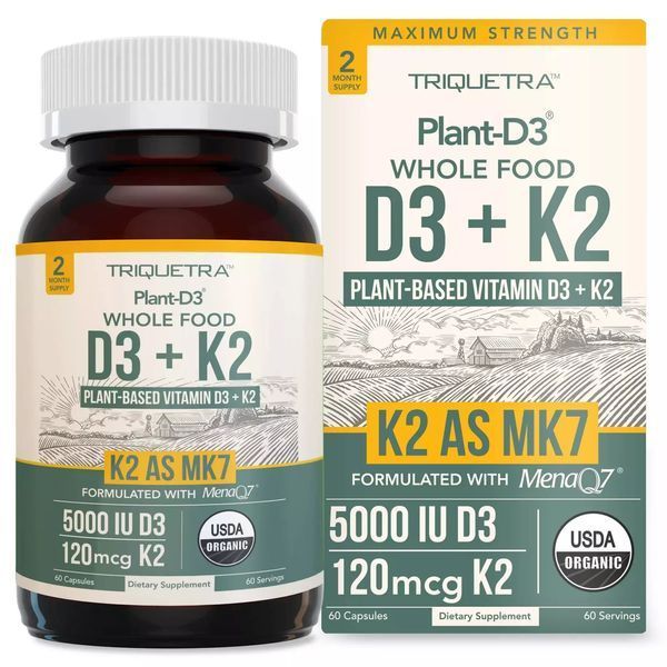 Оригінальна упаковка Натуральний рослинний комплекс D3 + К2, запатентована формула MenaQ7, Plant-D3 Whoole Food D3 + K2 Formulated with Mena Q7, Triquetra, США, 60 капсул з аптек США | Vitasence